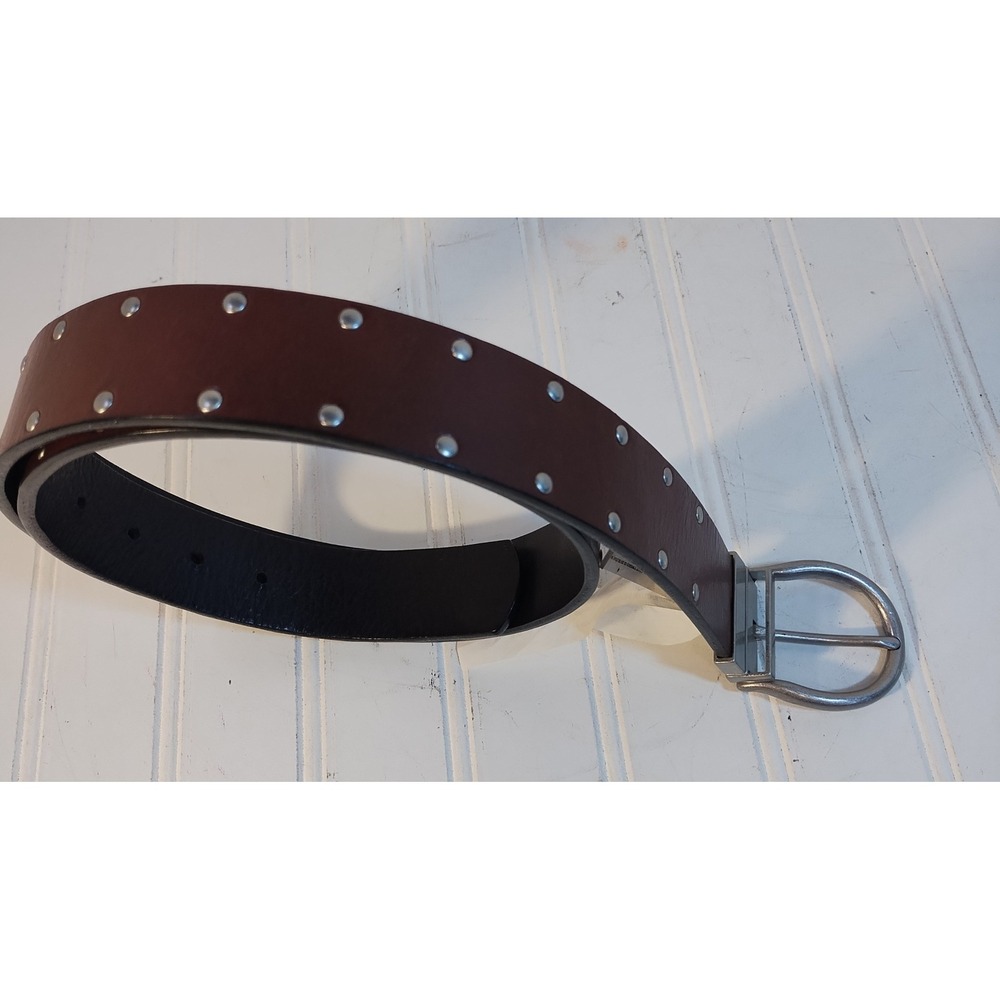 Eddie Bauer MD Studded Brown Black Leather Reversible Belt Silver Buckle 33 Inch